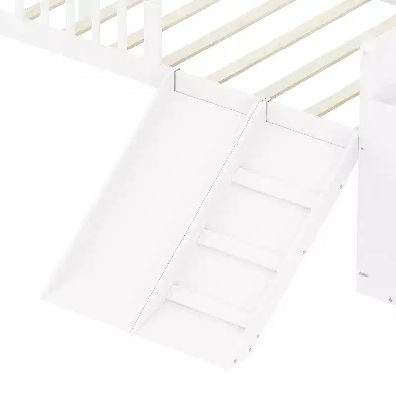 Twin Bed Frame with Storage Shelf, Slide and Ladder, Wood Platform Bed with Guardrail, White