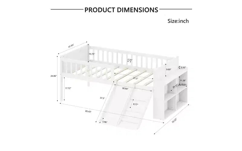 Twin Bed Frame with Storage Shelf, Slide and Ladder, Wood Platform Bed with Guardrail, White