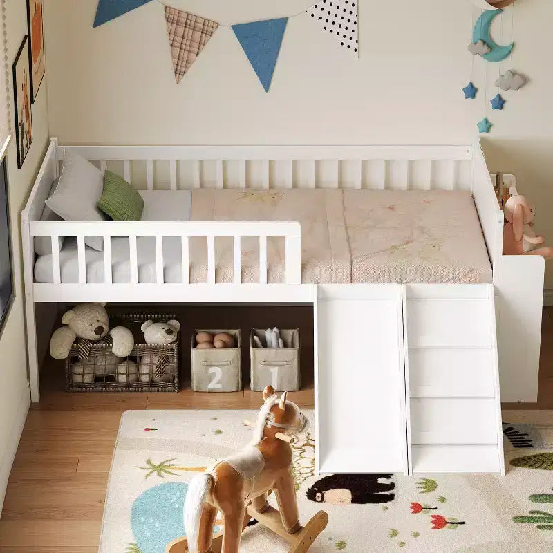Twin Bed Frame with Storage Shelf, Slide and Ladder, Wood Platform Bed with Guardrail, White