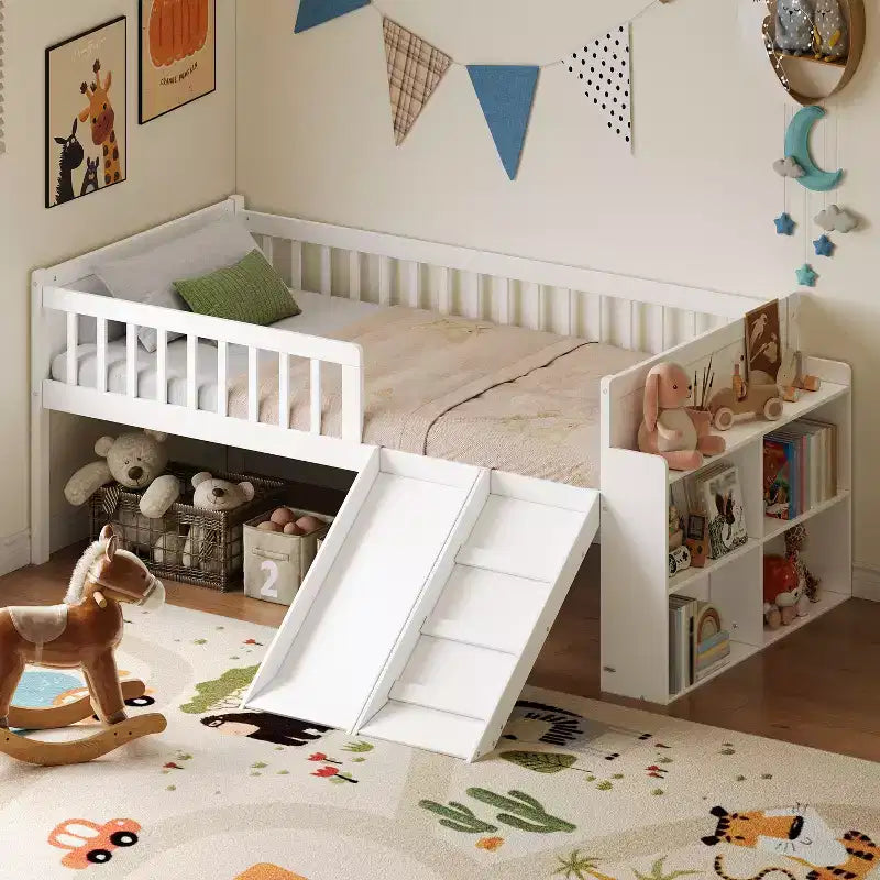 Twin Bed Frame with Storage Shelf, Slide and Ladder, Wood Platform Bed with Guardrail, White