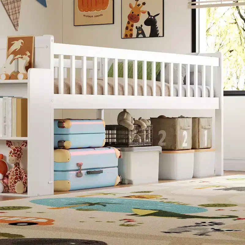 Twin Bed Frame with Storage Shelf, Slide and Ladder, Wood Platform Bed with Guardrail, White
