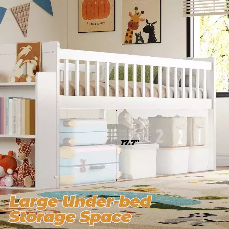 Twin Bed Frame with Storage Shelf, Slide and Ladder, Wood Platform Bed with Guardrail, White