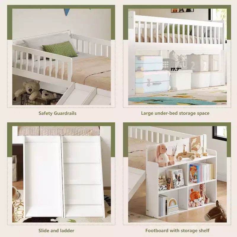 Twin Bed Frame with Storage Shelf, Slide and Ladder, Wood Platform Bed with Guardrail, White
