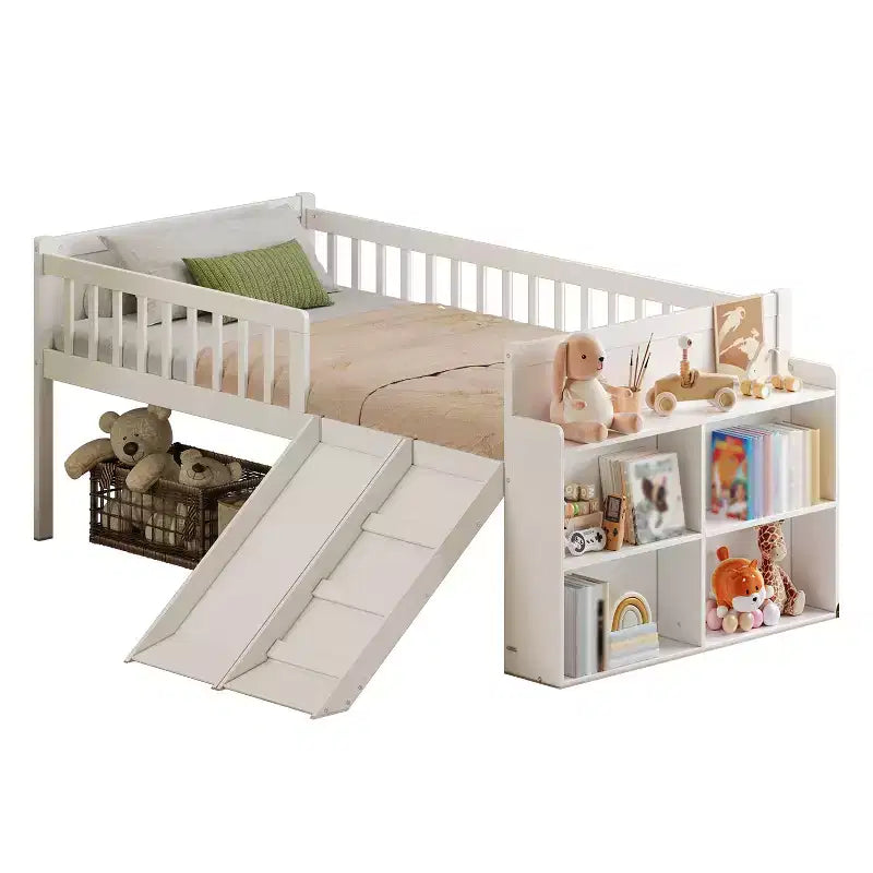 Twin Bed Frame with Storage Shelf, Slide and Ladder, Wood Platform Bed with Guardrail, White