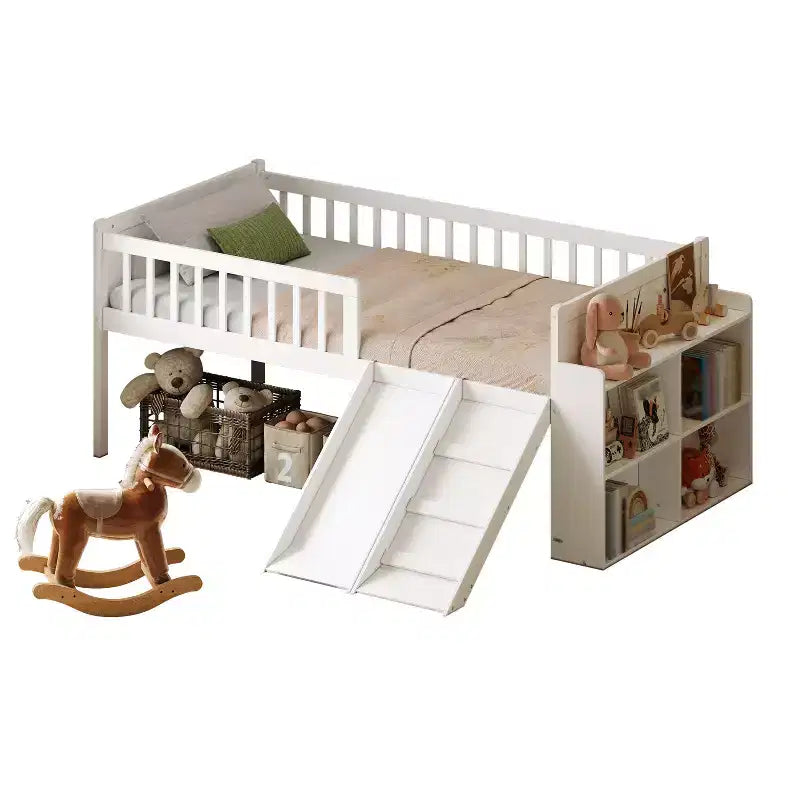 Twin Bed Frame with Storage Shelf, Slide and Ladder, Wood Platform Bed with Guardrail, White