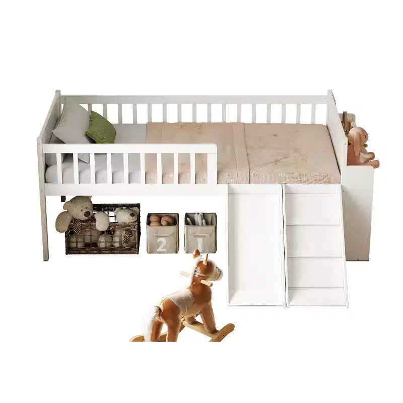 Twin Bed Frame with Storage Shelf, Slide and Ladder, Wood Platform Bed with Guardrail, White
