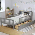 Twin Bed with Headboard Storage Rack, 2 Under-Bed Drawers and Guardrails, Gray