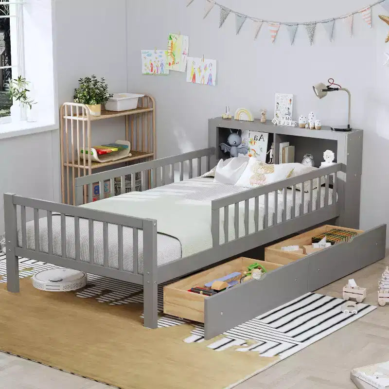Twin Bed with Headboard Storage Rack, 2 Under-Bed Drawers and Guardrails, Gray