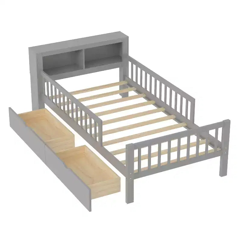 Lit jumeau avec tête de lit de rangement, 2 tiroirs sous le lit et barrières de sécurité, Gris