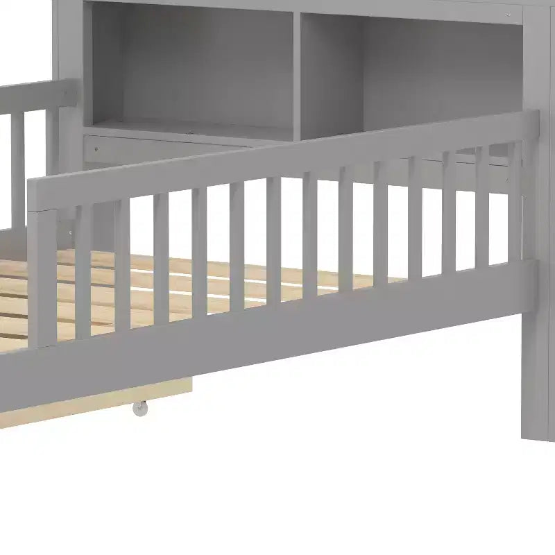 Lit jumeau avec tête de lit de rangement, 2 tiroirs sous le lit et barrières de sécurité, Gris