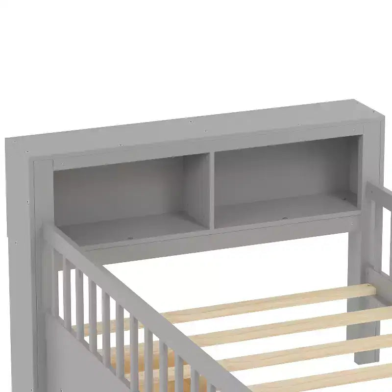 Lit jumeau avec tête de lit de rangement, 2 tiroirs sous le lit et barrières de sécurité, Gris