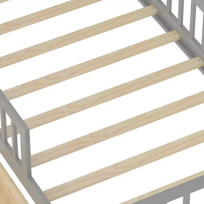 Lit jumeau avec tête de lit de rangement, 2 tiroirs sous le lit et barrières de sécurité, Gris