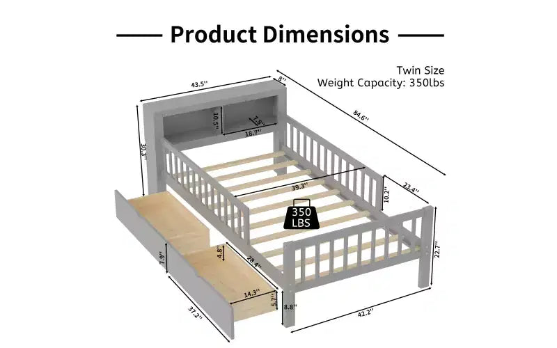 Lit jumeau avec tête de lit de rangement, 2 tiroirs sous le lit et barrières de sécurité, Gris
