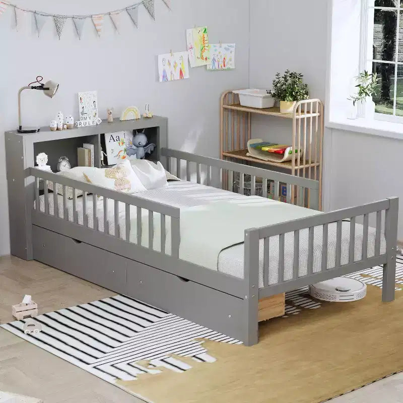 Twin Bed with Headboard Storage Rack, 2 Under-Bed Drawers and Guardrails, Gray