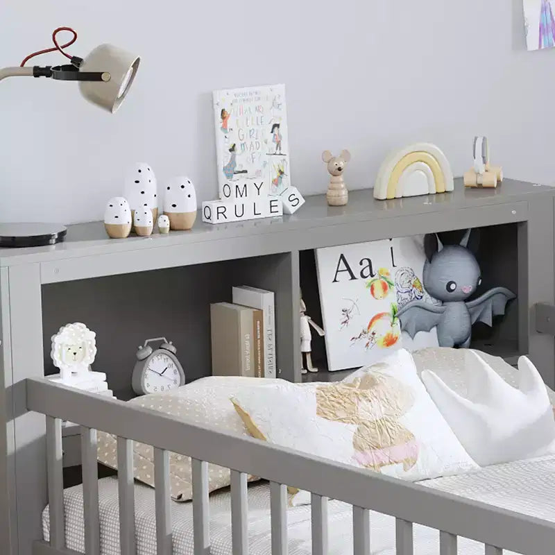 Twin Bed with Headboard Storage Rack, 2 Under-Bed Drawers and Guardrails, Gray