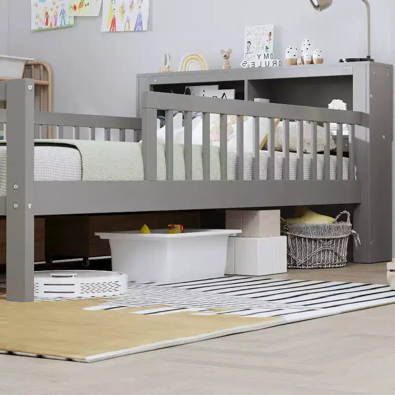 Twin Bed with Headboard Storage Rack, 2 Under-Bed Drawers and Guardrails, Gray