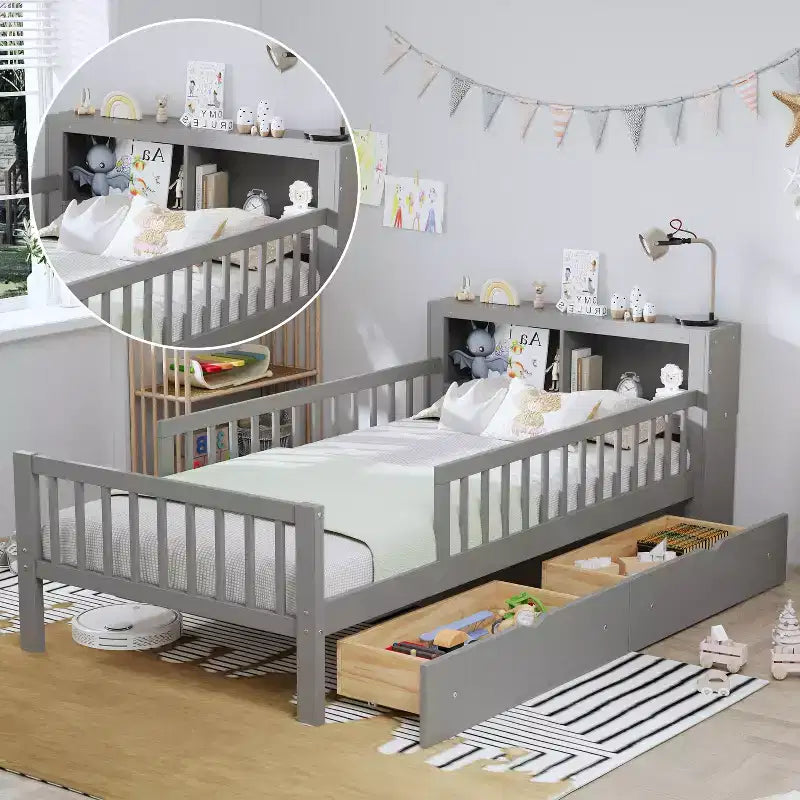 Twin Bed with Headboard Storage Rack, 2 Under-Bed Drawers and Guardrails, Gray