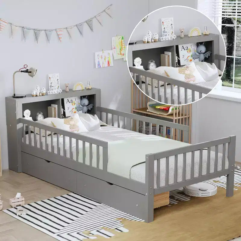 Lit jumeau avec tête de lit de rangement, 2 tiroirs sous le lit et barrières de sécurité, Gris