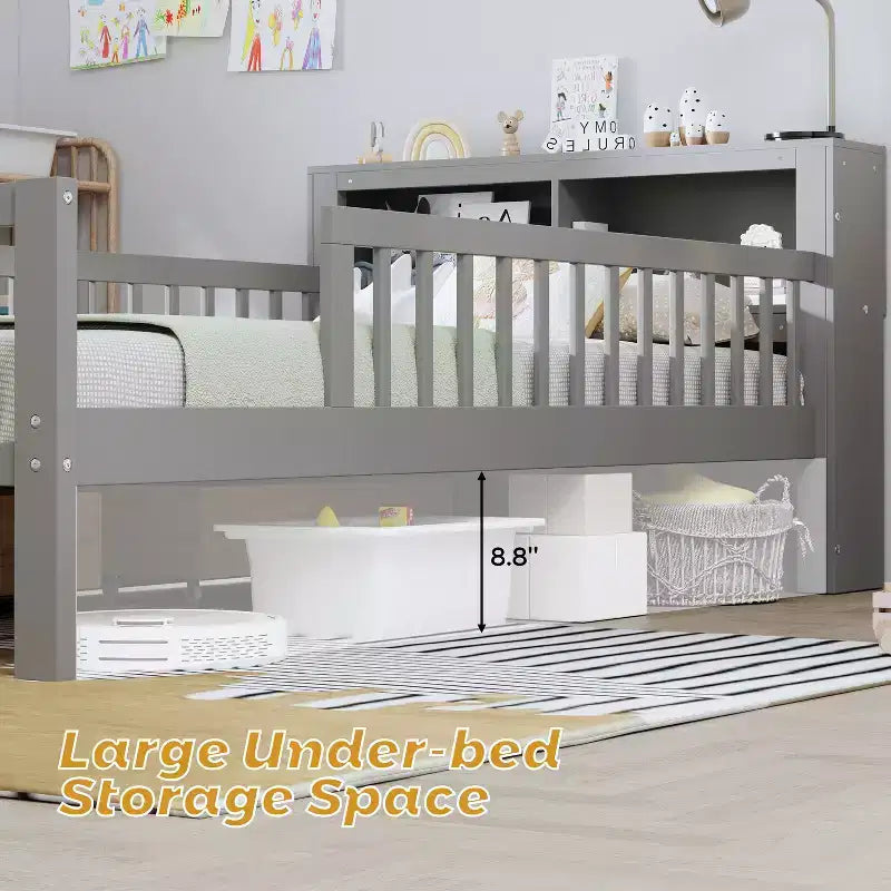 Lit jumeau avec tête de lit de rangement, 2 tiroirs sous le lit et barrières de sécurité, Gris