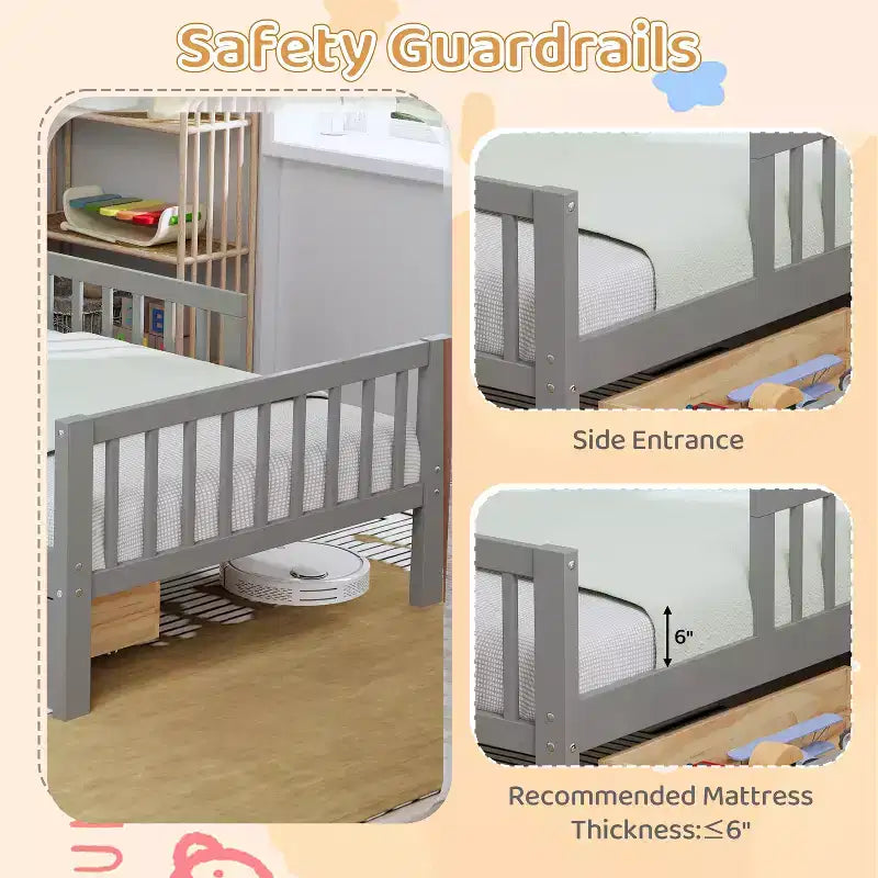 Lit jumeau avec tête de lit de rangement, 2 tiroirs sous le lit et barrières de sécurité, Gris
