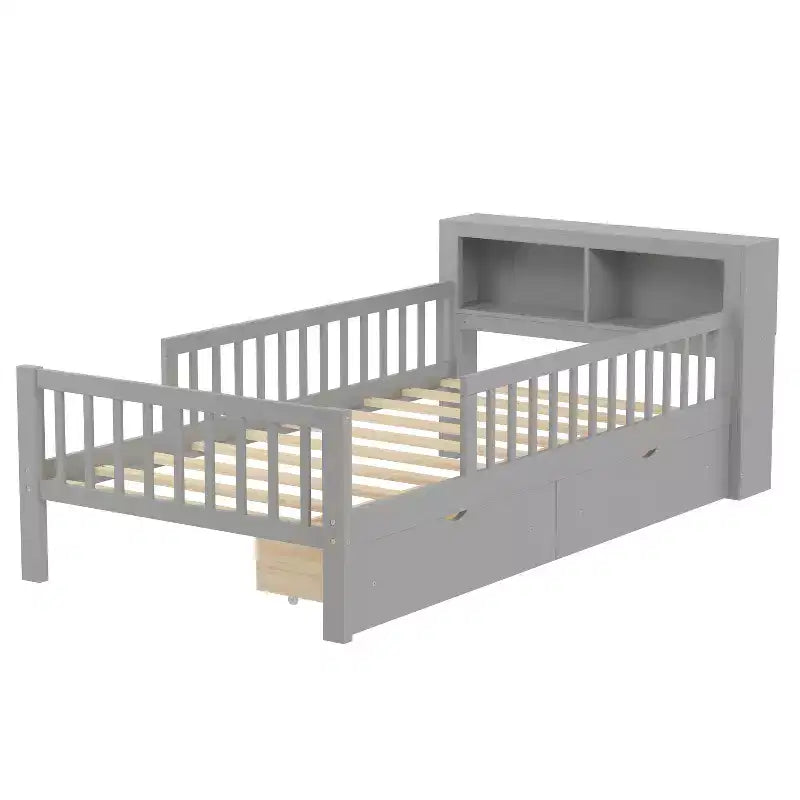 Lit jumeau avec tête de lit de rangement, 2 tiroirs sous le lit et barrières de sécurité, Gris