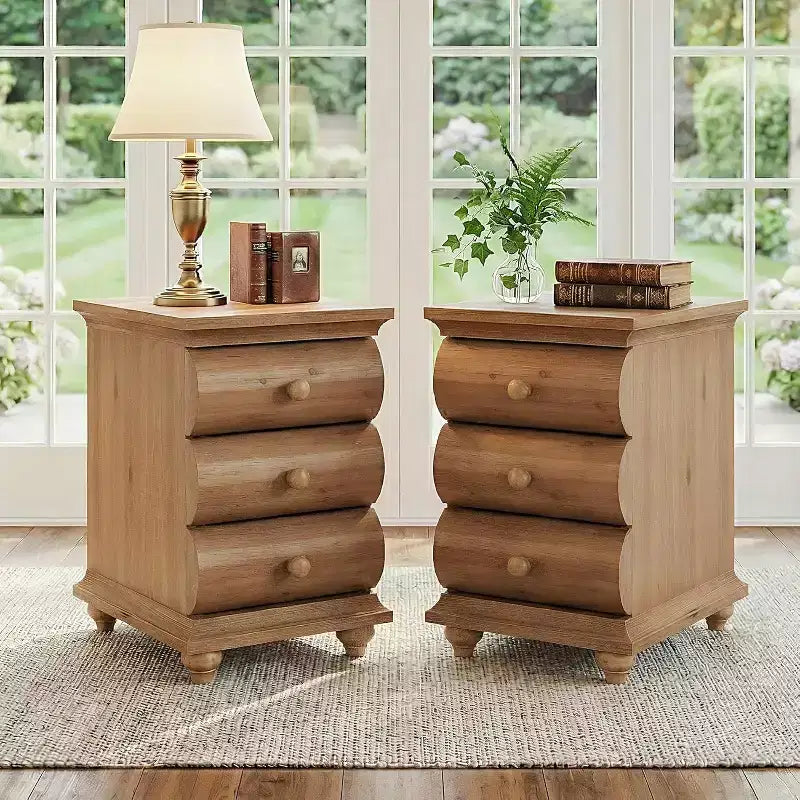 Lantine Solid Wood End Table, 3 Drawers Narrow Sofa Side Table with Finished Back for Living Room, Small Spce, Brown