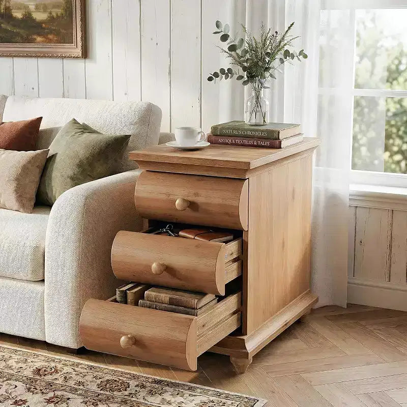 Solid Wood End Table, 3 Drawers Narrow Sofa Side Table with Finished Back for Living Room, Small Spce, Brown