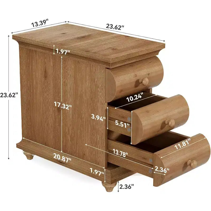 Solid Wood End Table, 3 Drawers Narrow Sofa Side Table with Finished Back for Living Room, Small Spce, Brown
