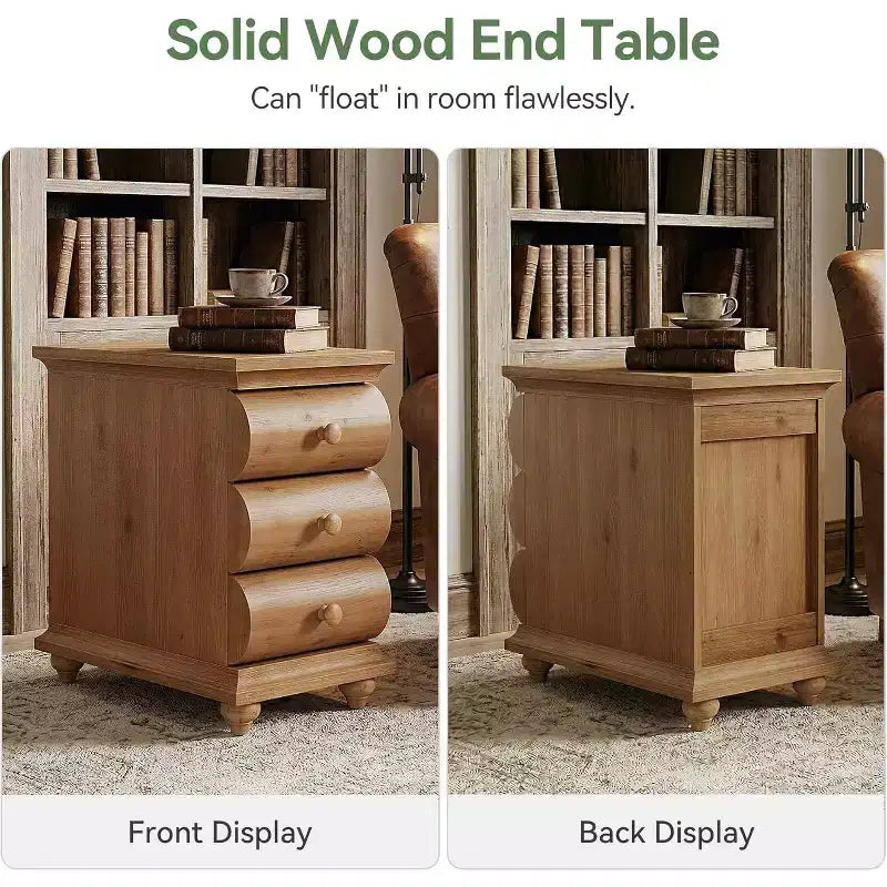 Solid Wood End Table, 3 Drawers Narrow Sofa Side Table with Finished Back for Living Room, Small Spce, Brown