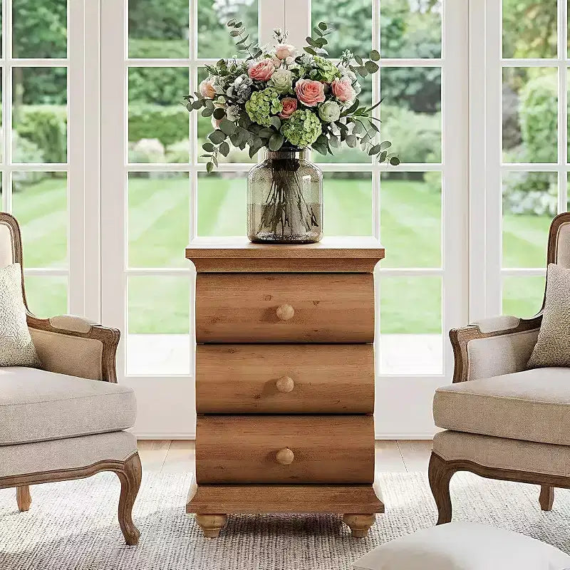 Solid Wood End Table, 3 Drawers Narrow Sofa Side Table with Finished Back for Living Room, Small Spce, Brown
