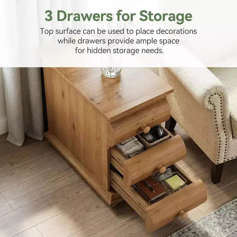 Solid Wood End Table, 3 Drawers Narrow Sofa Side Table with Finished Back for Living Room, Small Spce, Brown