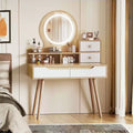 HYLEORY Elegant Makeup Vanity Desk with Adjustable Lighted Mirror, Solid Wood Table Feet, American White Oak, MDF, Compact Size
