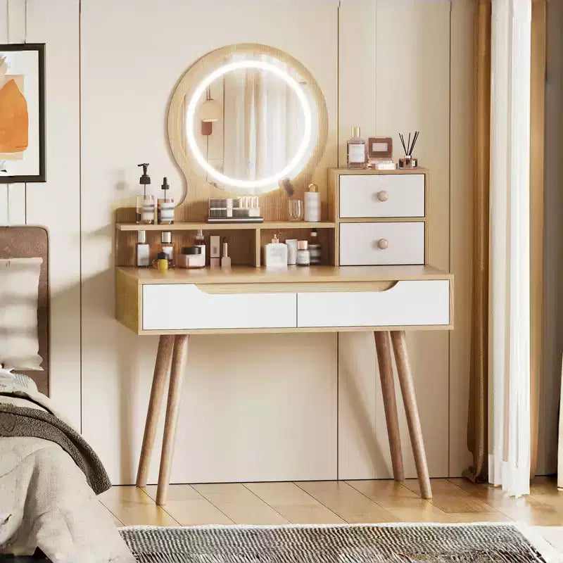 HYLEORY Elegant Makeup Vanity Desk with Adjustable Lighted Mirror, Solid Wood Table Feet, American White Oak, MDF, Compact Size