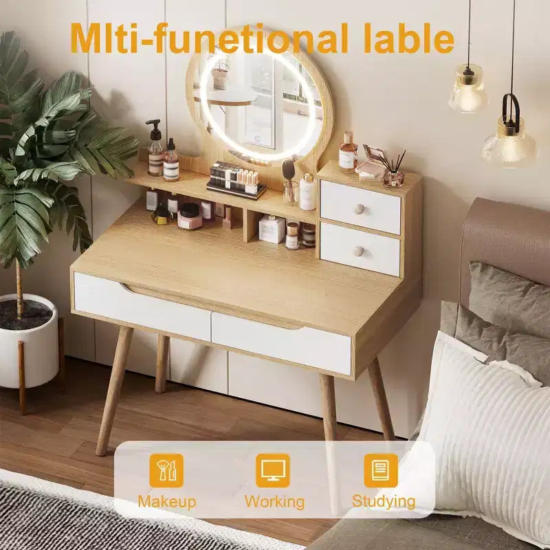 Elegant Makeup Vanity Desk with Adjustable Lighted Mirror, Solid Wood Table Feet, American White Oak, MDF, Compact Size