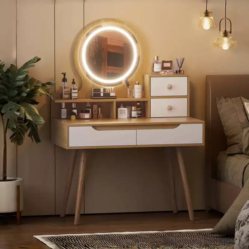 Elegant Makeup Vanity Desk with Adjustable Lighted Mirror, Solid Wood Table Feet, American White Oak, MDF, Compact Size
