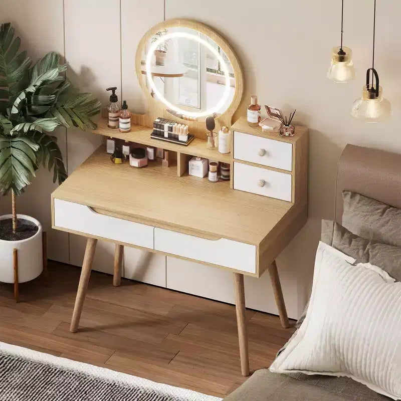Elegant Makeup Vanity Desk with Adjustable Lighted Mirror, Solid Wood Table Feet, American White Oak, MDF, Compact Size