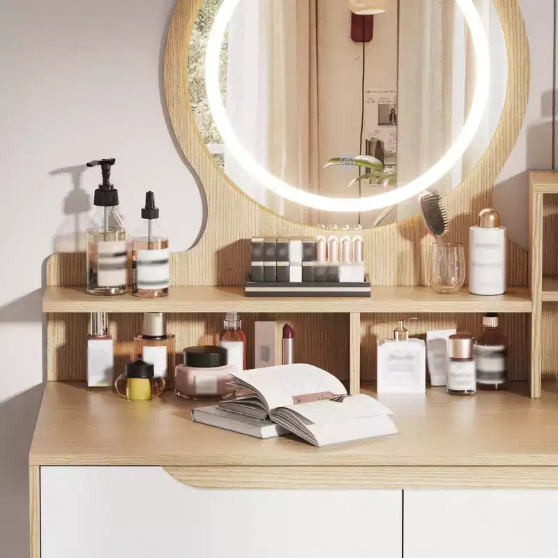 Elegant Makeup Vanity Desk with Adjustable Lighted Mirror, Solid Wood Table Feet, American White Oak, MDF, Compact Size