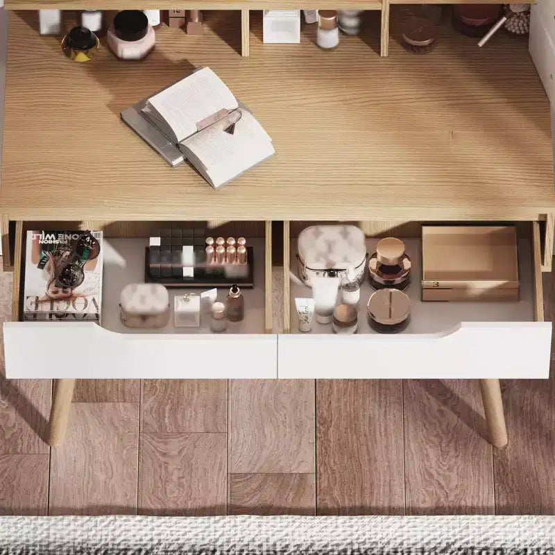 Elegant Makeup Vanity Desk with Adjustable Lighted Mirror, Solid Wood Table Feet, American White Oak, MDF, Compact Size