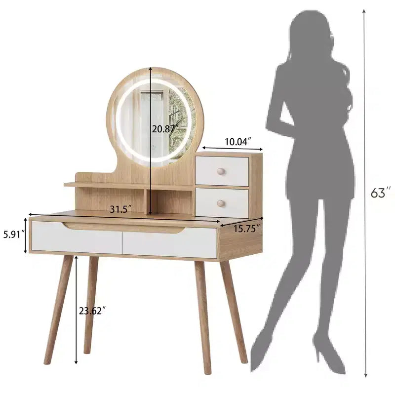Elegant Makeup Vanity Desk with Adjustable Lighted Mirror, Solid Wood Table Feet, American White Oak, MDF, Compact Size