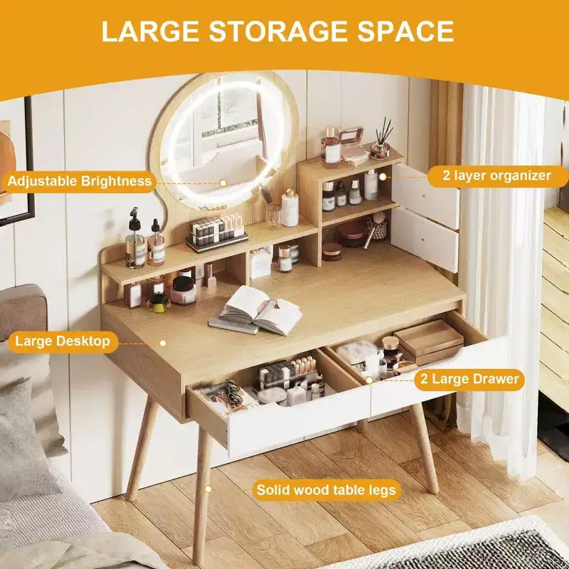 Elegant Makeup Vanity Desk with Adjustable Lighted Mirror, Solid Wood Table Feet, American White Oak, MDF, Compact Size