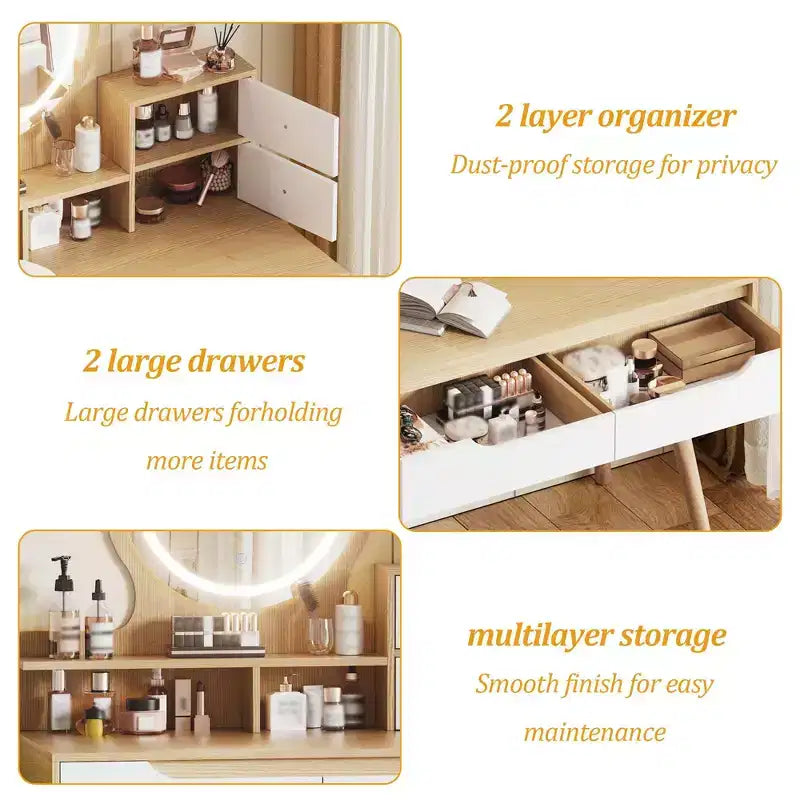 Elegant Makeup Vanity Desk with Adjustable Lighted Mirror, Solid Wood Table Feet, American White Oak, MDF, Compact Size
