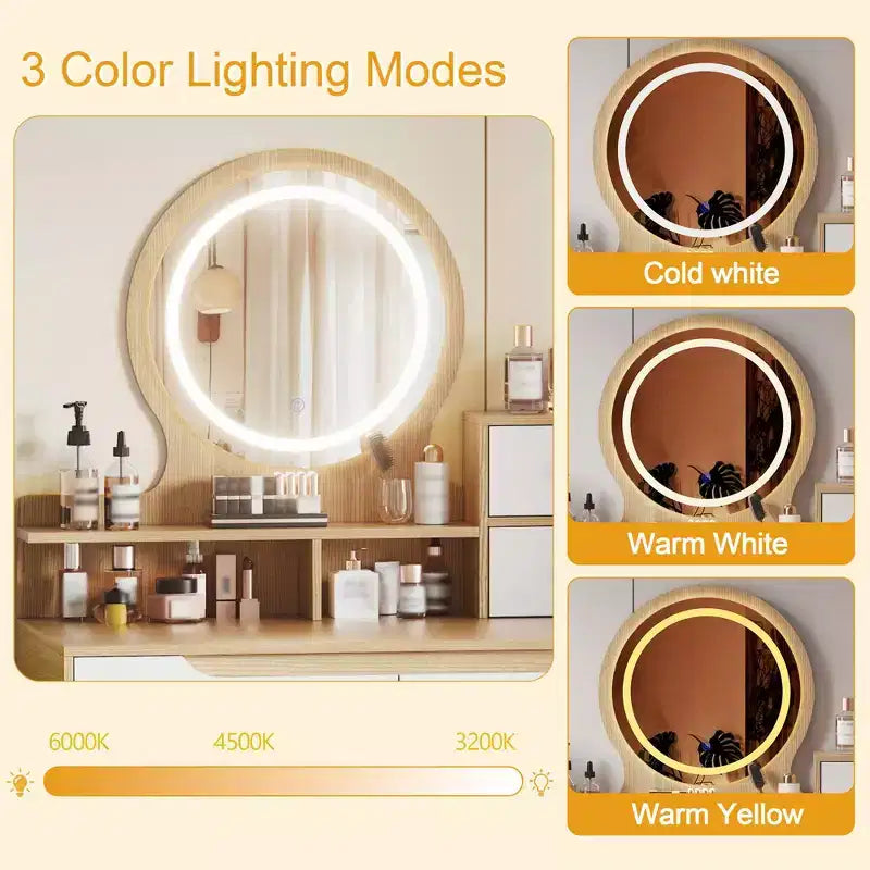 Elegant Makeup Vanity Desk with Adjustable Lighted Mirror, Solid Wood Table Feet, American White Oak, MDF, Compact Size