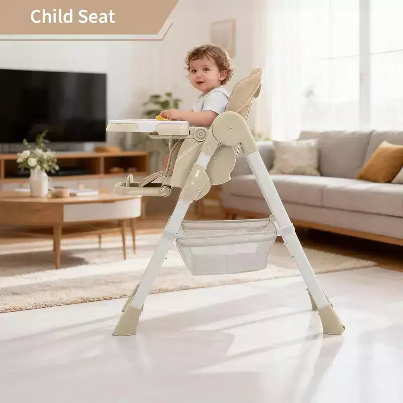Foldable Baby High Chair, Adjustable Toddler Chair with Removable Tray, 5-Point Harness & Locking Wheels for Dining Feeding Play