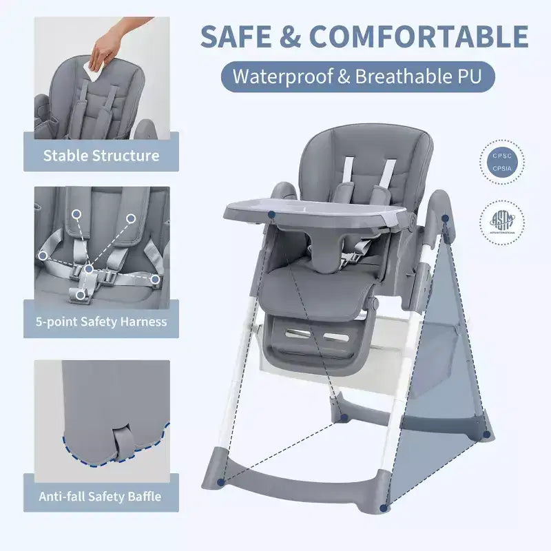 Foldable Baby High Chair, Adjustable Toddler Chair with Removable Tray, 5-Point Harness & Locking Wheels for Dining Feeding Play