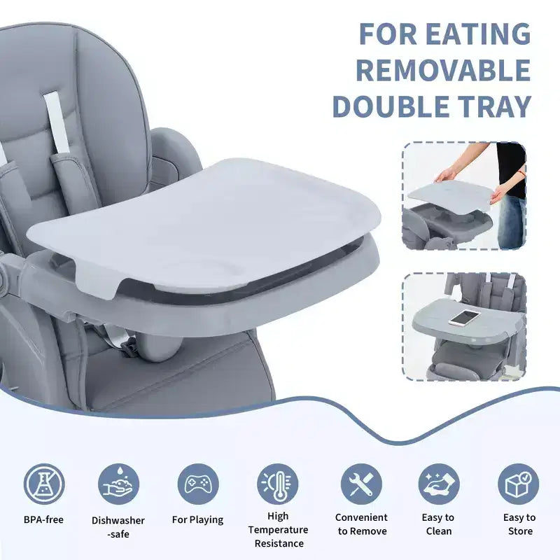 Foldable Baby High Chair, Adjustable Toddler Chair with Removable Tray, 5-Point Harness & Locking Wheels for Dining Feeding Play