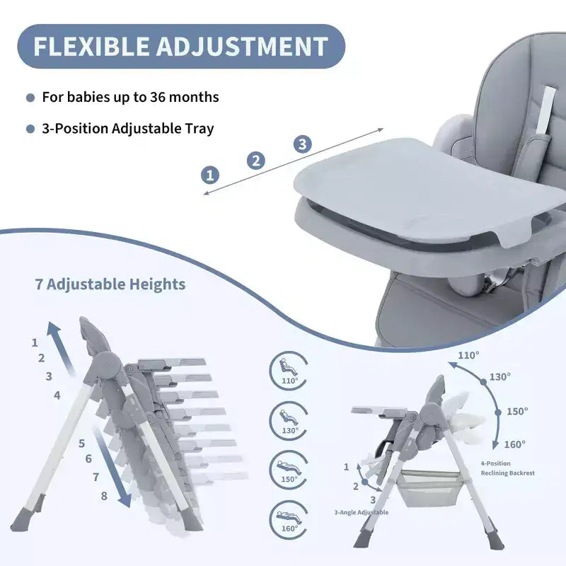 Foldable Baby High Chair, Adjustable Toddler Chair with Removable Tray, 5-Point Harness & Locking Wheels for Dining Feeding Play