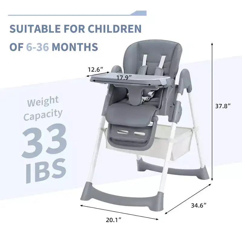 Foldable Baby High Chair, Adjustable Toddler Chair with Removable Tray, 5-Point Harness & Locking Wheels for Dining Feeding Play