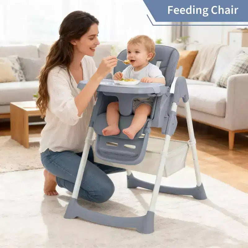 Foldable Baby High Chair, Adjustable Toddler Chair with Removable Tray, 5-Point Harness & Locking Wheels for Dining Feeding Play