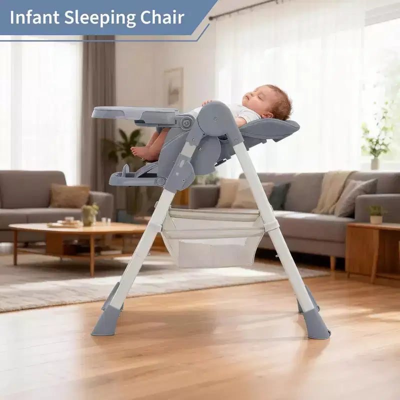 Foldable Baby High Chair, Adjustable Toddler Chair with Removable Tray, 5-Point Harness & Locking Wheels for Dining Feeding Play
