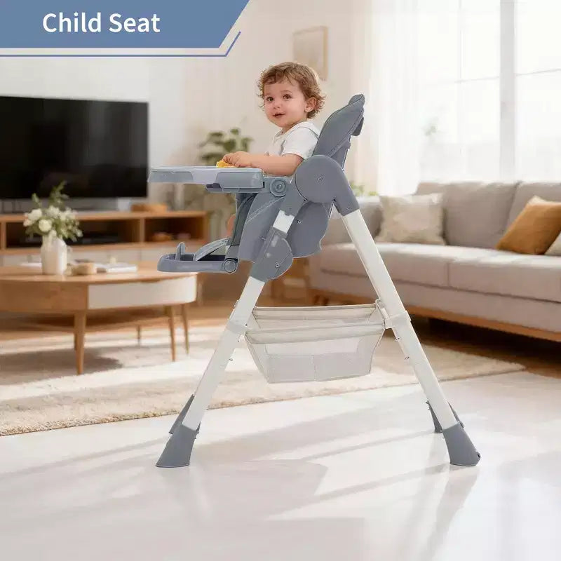 Foldable Baby High Chair, Adjustable Toddler Chair with Removable Tray, 5-Point Harness & Locking Wheels for Dining Feeding Play